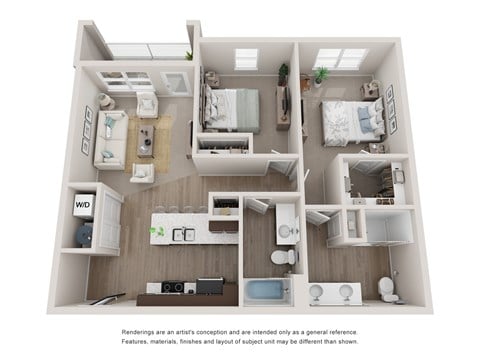 Floor plan for 2 beds, 2 baths, 1077 sqft